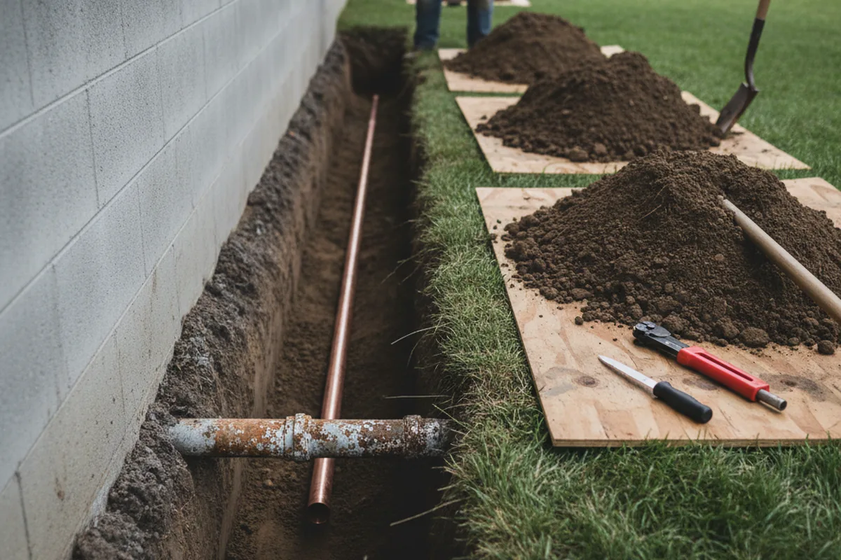 Excavated water line trench during Sewer Line Repair in Beatrice